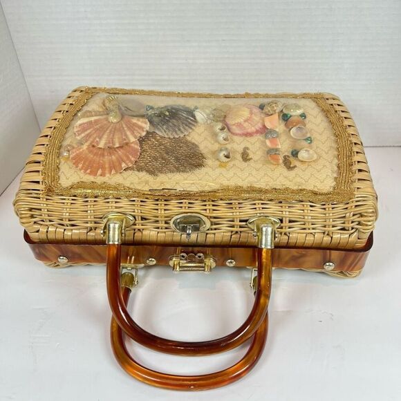 Vintage Atlas Sea Shell Tan Straw Woven Wicker PURSE Pearls Women HANDBAG BAG - Picture 4 of 13